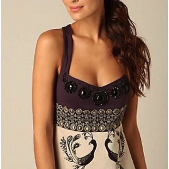 Vintage Y2K Free People Empire Waist Beaded Velvet Peacock A-Line Mini Dress - Picture 2 of 14